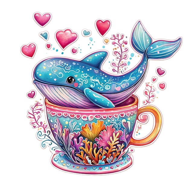 a drawing of a whale with hearts and a cup of hearts