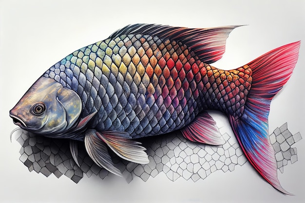 Drawing on a white background carp colored scales with a pencil Generative AI