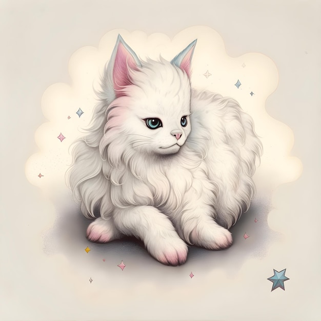 A drawing of a white cat with blue eyes and a star on the bottom.