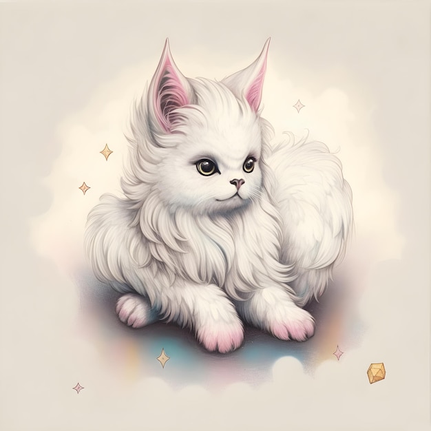 A drawing of a white cat with pink eyes and a blue nose.