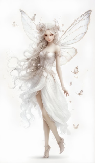 a drawing of a white fairy with butterflies in the background