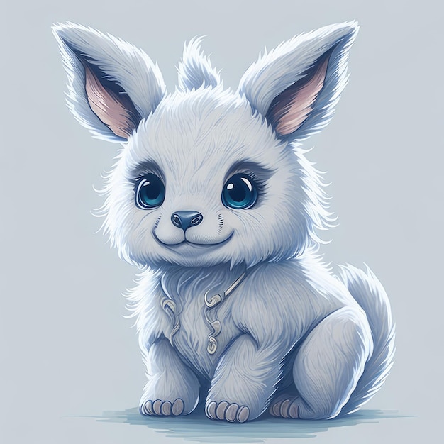 A drawing of a white furry puppy with blue eyes and a collar