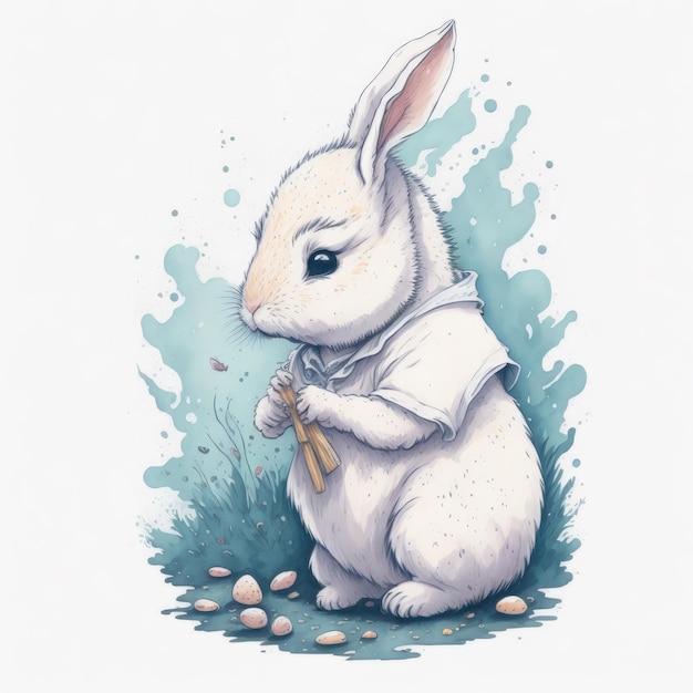 A drawing of a white rabbit with a bow on its head