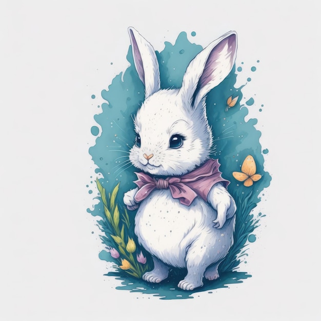 A drawing of a white rabbit with a pink bow on its neck