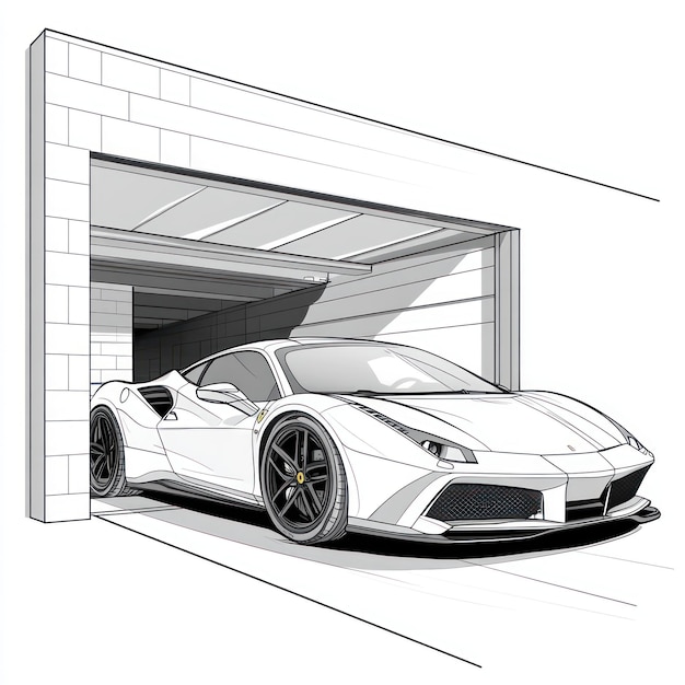 a drawing of a white sports car with a black rim and a black rimmed wheel