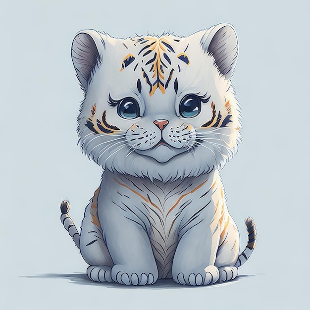 A drawing of a white tiger with blue eyes sits on a blue background.