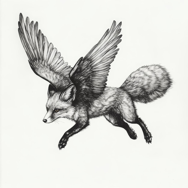 Photo drawing of a wild fox flying in the air handdrawn illustration