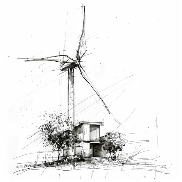 Photo a drawing of a wind turbine with a house in the background