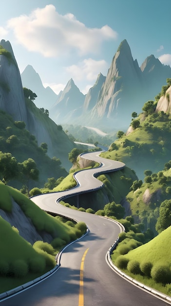 Photo a drawing of a winding road with a mountain in the background