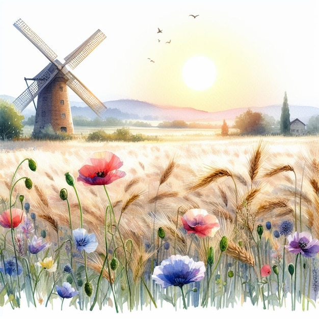 a drawing of a windmill and a field of wheat