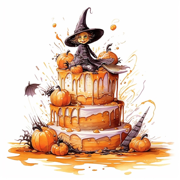 A drawing of a witch on a cake with pumpkins and pumpkins.