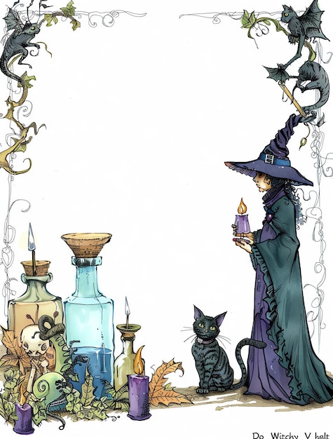 Photo a drawing of a witch and a cat with a candle in it