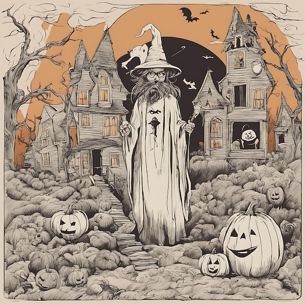 a drawing of a witch and pumpkins with a pumpkin on it