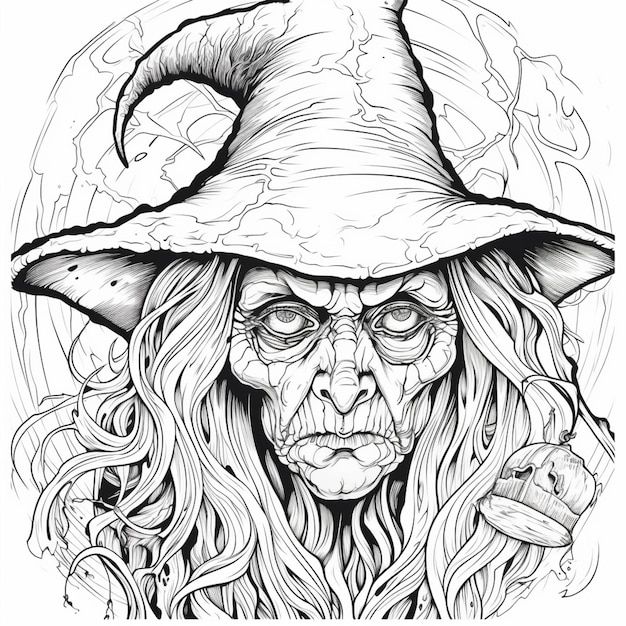 A drawing of a witch with a hat on her head generative ai