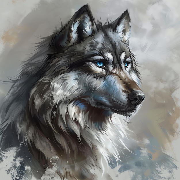 a drawing of a wolf with blue eyes and a black and white fur