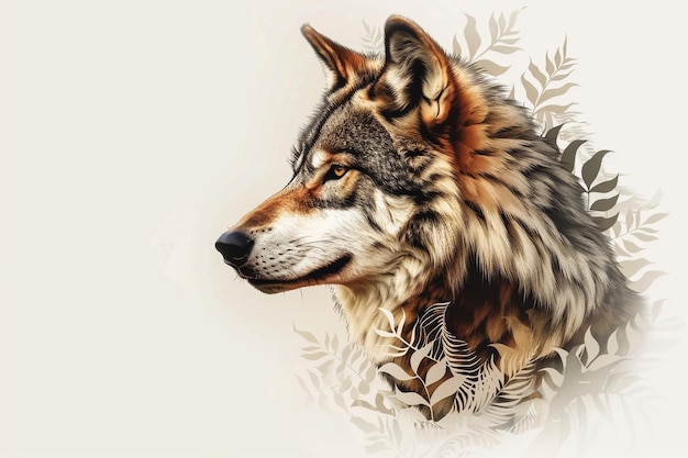 Photo a drawing of a wolf with leaves and trees in the background