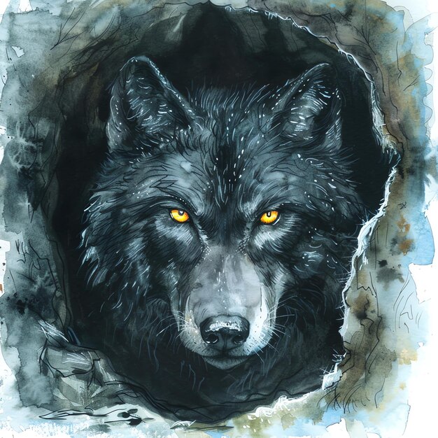 Photo a drawing of a wolf with yellow eyes and a black wolf in the middle