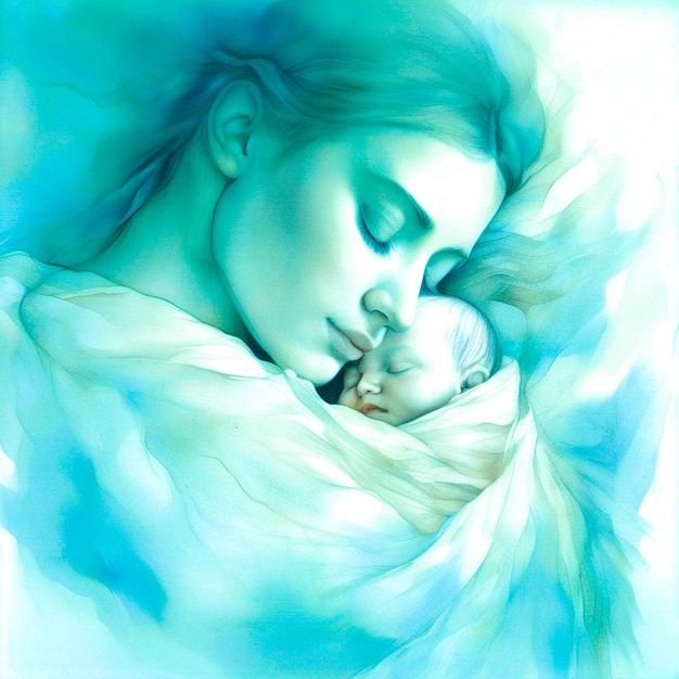 a drawing of a woman and baby with a blue background