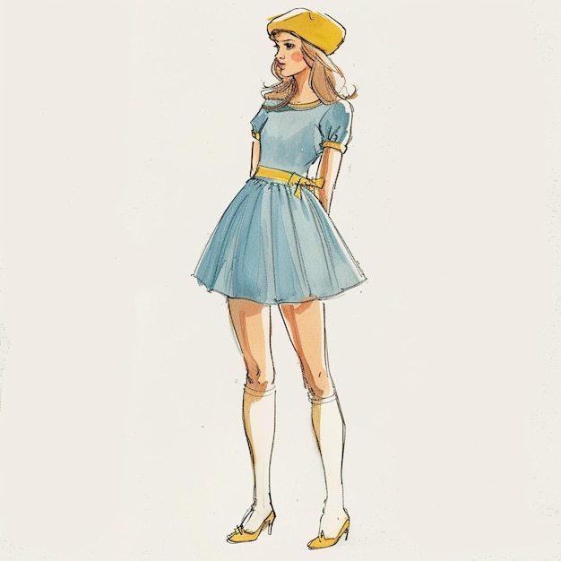 Photo a drawing of a woman in a blue dress with yellow belt and yellow shoes