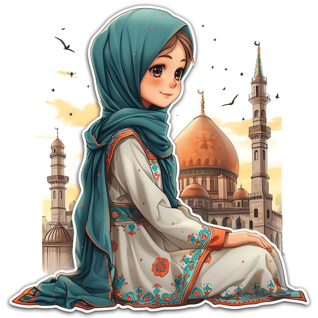 a drawing of a woman in a blue scarf with a mosque in the background