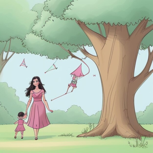 a drawing of a woman and a child holding a kite with a child walking in the grass