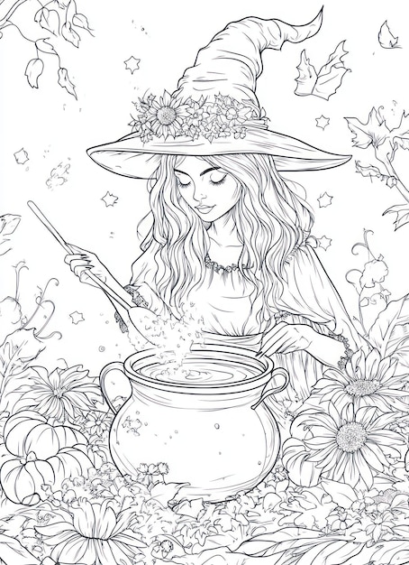 a drawing of a woman cooking in a garden with a pot of tea