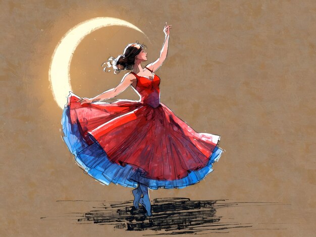 a drawing of a woman dancing with a moon in the background