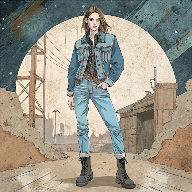 Photo a drawing of a woman in a denim jacket and jeans