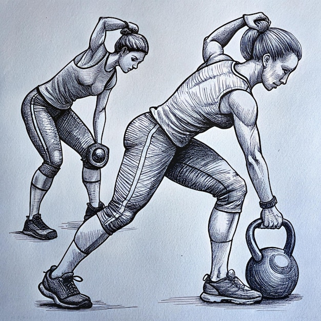 Photo a drawing of a woman doing exercise with a ball and a woman holding a weight