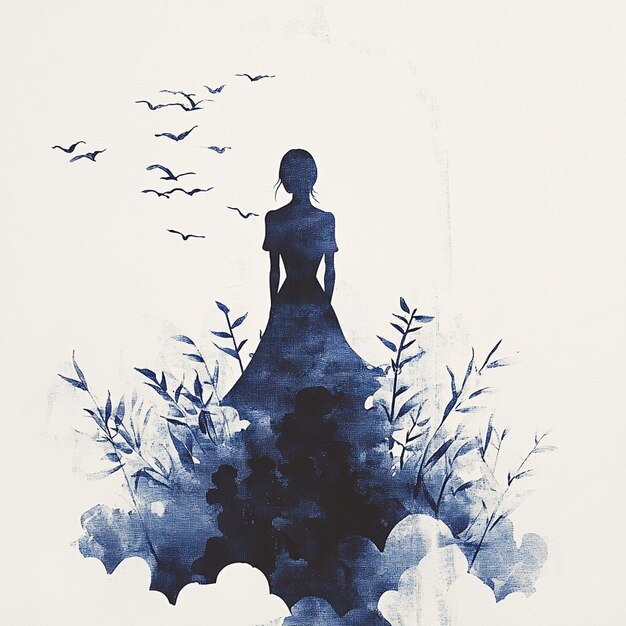 Photo a drawing of a woman in a dress with birds flying around her