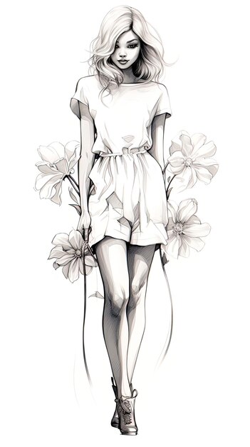 Photo a drawing of a woman in a dress with flowers