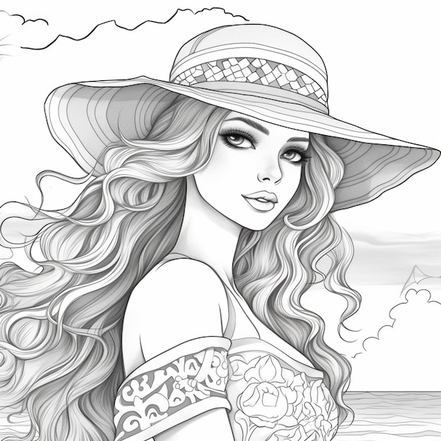 a drawing of a woman in a hat on the beach generative ai