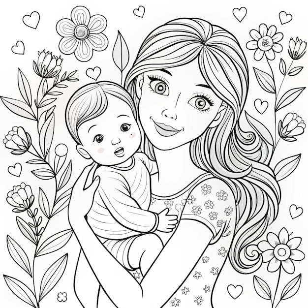 Photo a drawing of a woman holding a baby and flowers