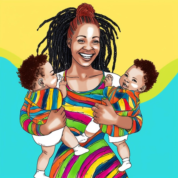 A drawing of a woman holding two babies.