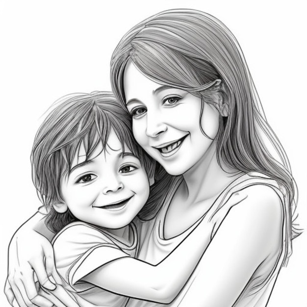 a drawing of a woman hugging a child with a smile on her face