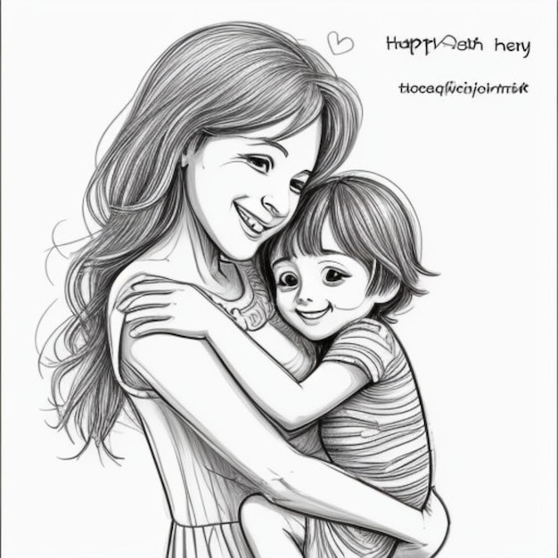 a drawing of a woman hugging a child with the words happy birthday on it