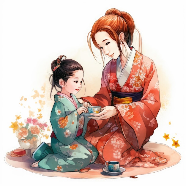 A drawing of a woman and a little girl in kimono with a cup of tea