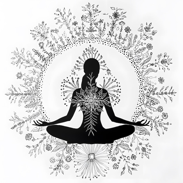 Photo a drawing of a woman in a lotus position with flowers and flowers in the background