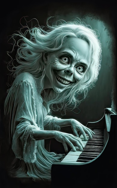 a drawing of a woman playing a piano with a creepy face