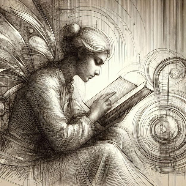 a drawing of a woman reading a book with angel wings