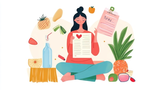 a drawing of a woman reading a book with a box of fruit on it