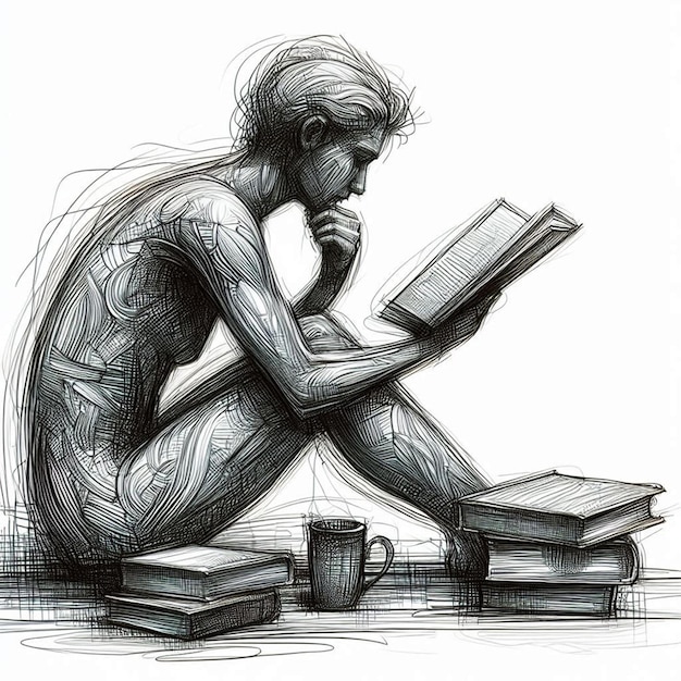 a drawing of a woman reading a book with the words quot god quot on it