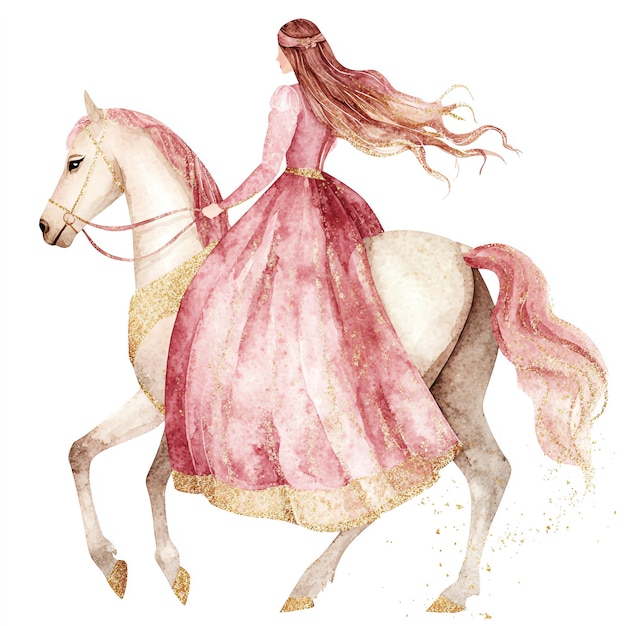 Photo a drawing of a woman riding a horse with a pink dress on it