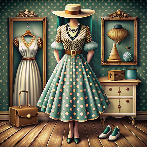 a drawing of a woman in a room with a dress and shoes