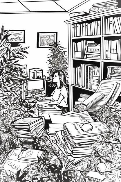 a drawing of a woman sitting in a chair in a room with books generative ai