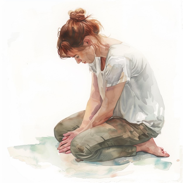 a drawing of a woman sitting on the ground with her hands on her knees