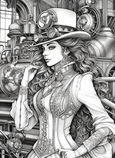 A drawing of a woman in a steampunky outfit and hat generative ai