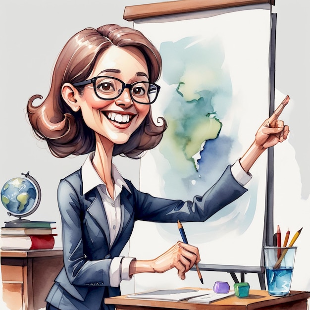 Photo a drawing of a woman in a suit and glasses with a world map behind her