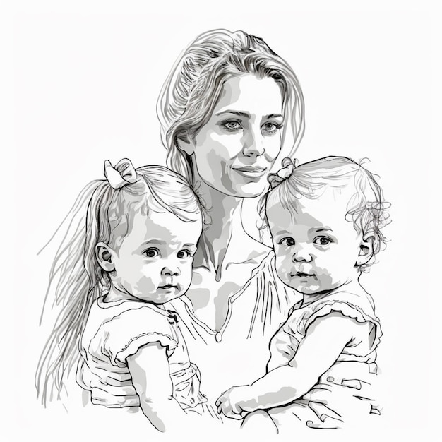 A drawing of a woman and two babies