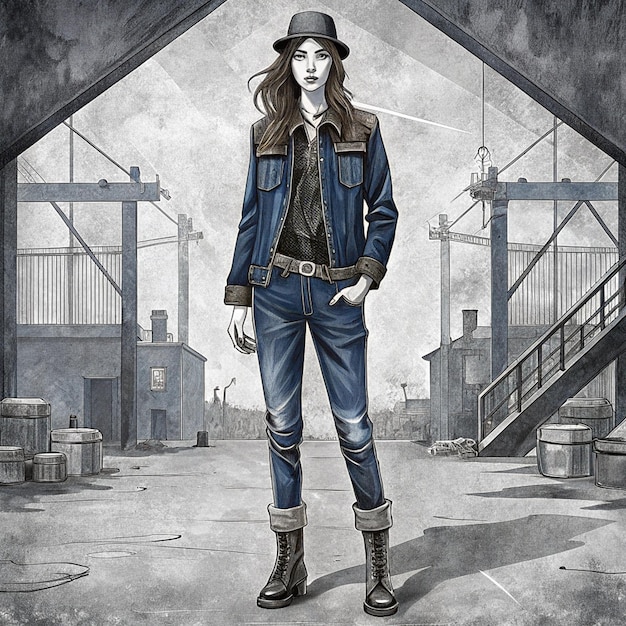 Photo a drawing of a woman wearing a hat and jeans